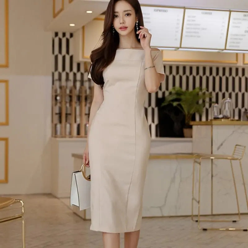 Brief Style Slash-neck Sleeveless Office Ladies Dress Elegant Midi Pencil Dresses - Blade & Thread