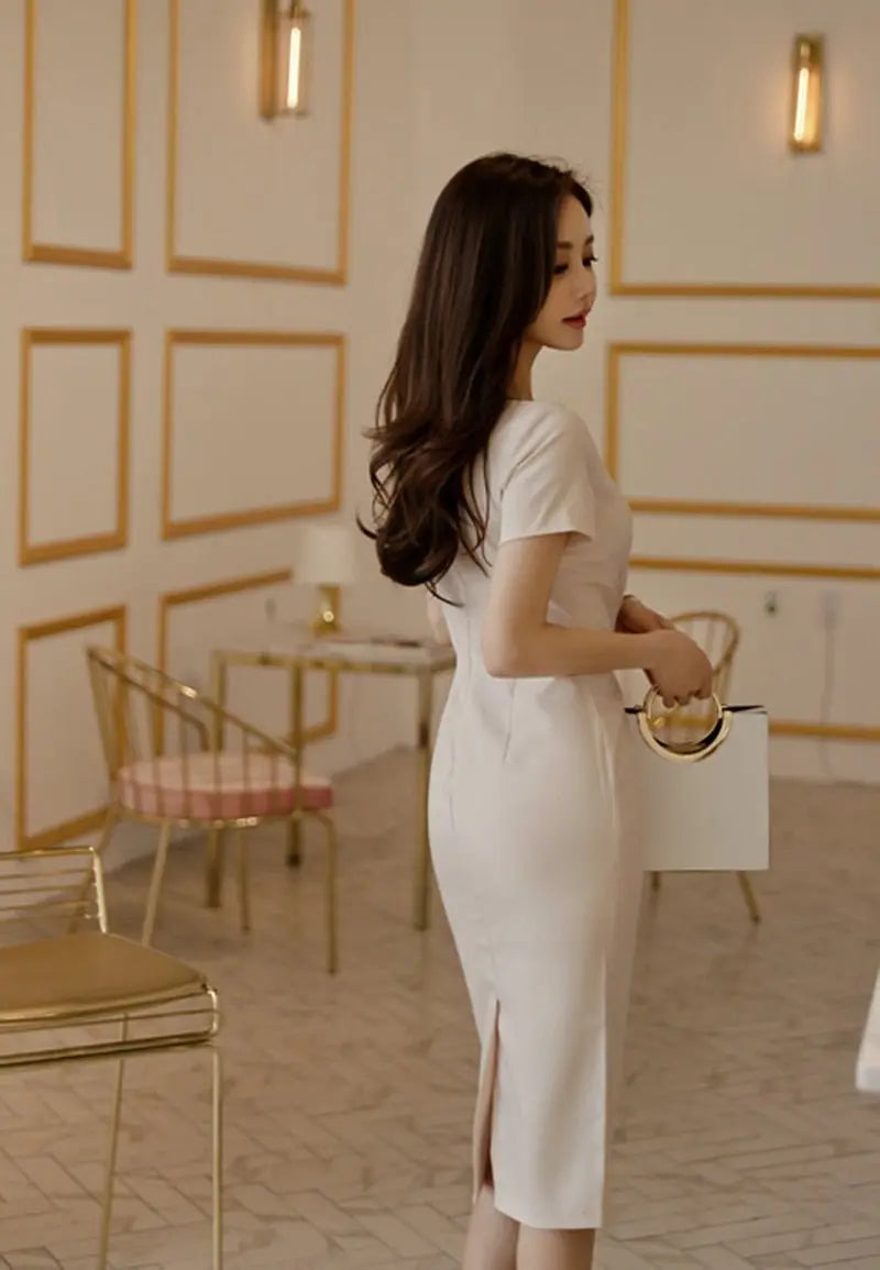 Brief Style Slash-neck Sleeveless Office Ladies Dress Elegant Midi Pencil Dresses - Blade & Thread