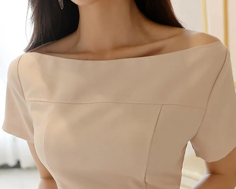 Brief Style Slash-neck Sleeveless Office Ladies Dress Elegant Midi Pencil Dresses - Blade & Thread