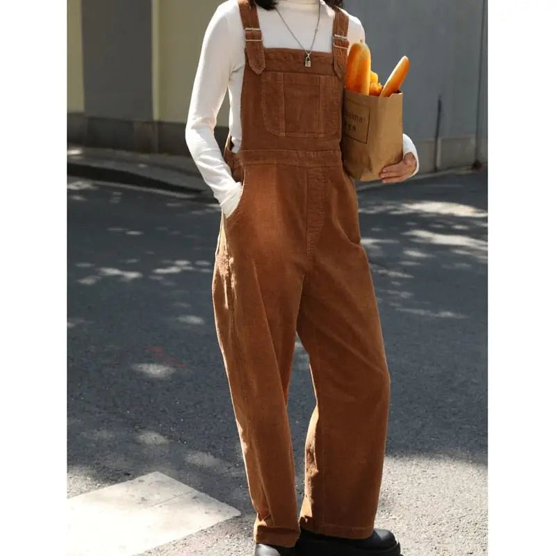 Brown Corduroy Jumpsuits Women Autumn Straight Baggy Loose Casual Wide Leg Trousers Female - Blade & Thread