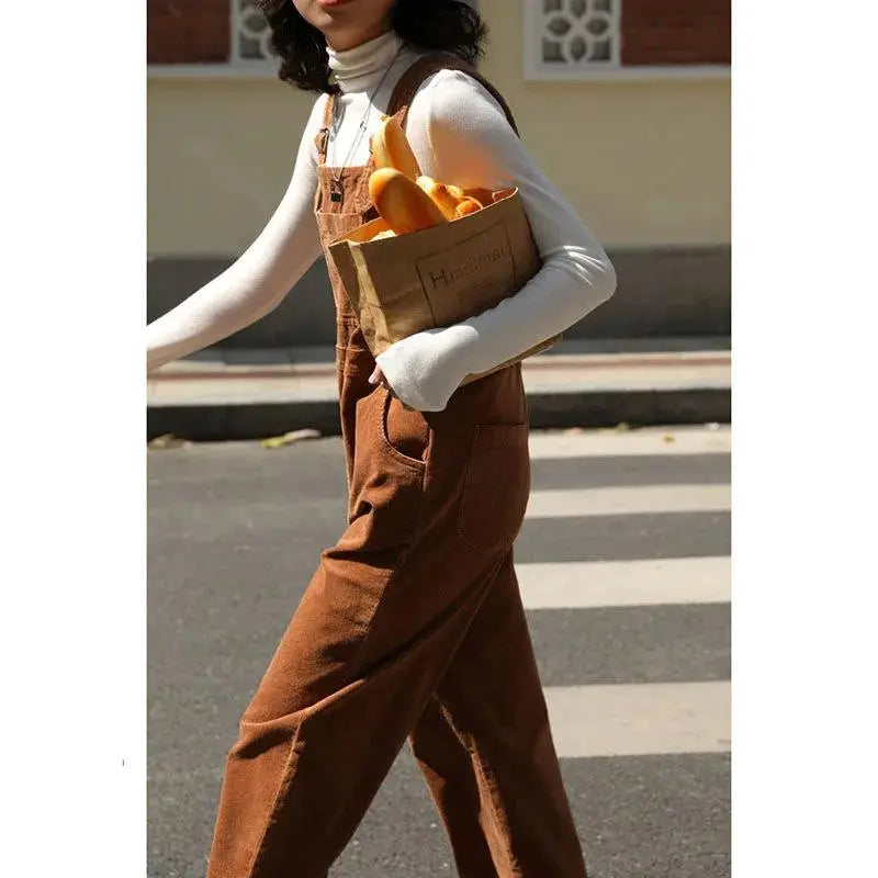Brown Corduroy Jumpsuits Women Autumn Straight Baggy Loose Casual Wide Leg Trousers Female - Blade & Thread