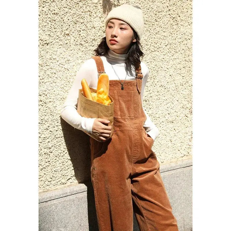 Brown Corduroy Jumpsuits Women Autumn Straight Baggy Loose Casual Wide Leg Trousers Female - Blade & Thread