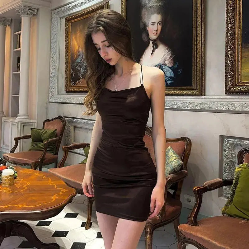 Brown Strapless Spaghetti Strap Backless Dresses nowadaysfashion