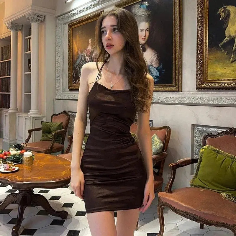 Brown Strapless Spaghetti Strap Backless Dresses nowadaysfashion