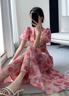 BSummer V-neck Slim Waist Floral Printed Ladies Dress Elegant Puff Sleeve A-line Vestidos nowadaysfashion