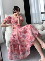 BSummer V-neck Slim Waist Floral Printed Ladies Dress Elegant Puff Sleeve A-line Vestidos nowadaysfashion