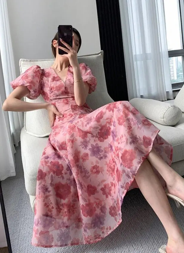 BSummer V-neck Slim Waist Floral Printed Ladies Dress Elegant Puff Sleeve A-line Vestidos nowadaysfashion