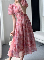 BSummer V-neck Slim Waist Floral Printed Ladies Dress Elegant Puff Sleeve A-line Vestidos nowadaysfashion