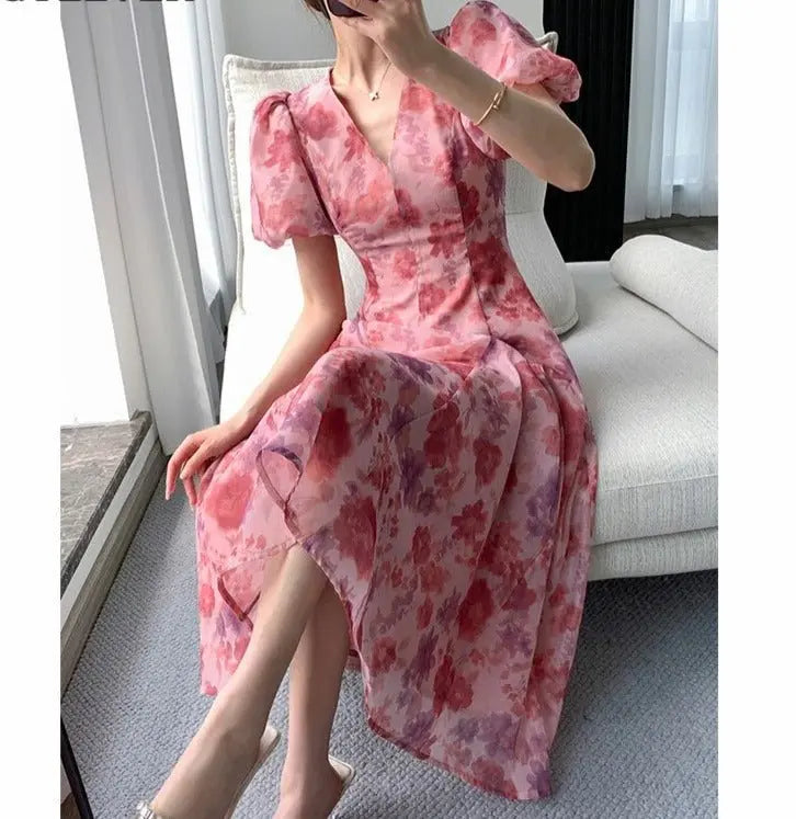 BSummer V-neck Slim Waist Floral Printed Ladies Dress Elegant Puff Sleeve A-line Vestidos - Blade & Thread