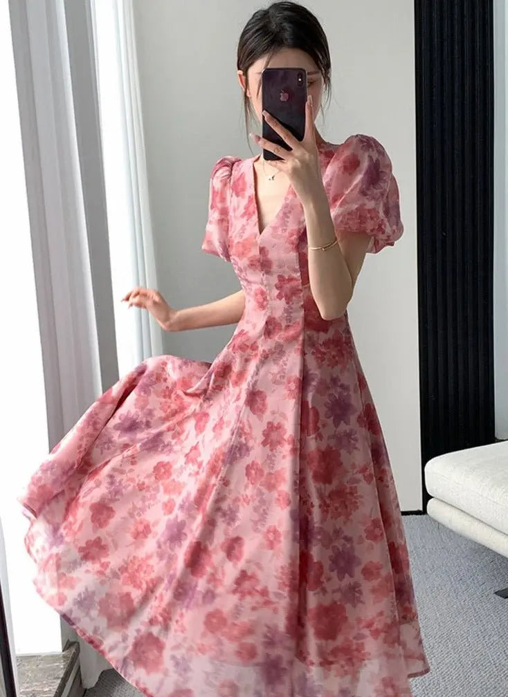 BSummer V-neck Slim Waist Floral Printed Ladies Dress Elegant Puff Sleeve A-line Vestidos - Blade & Thread