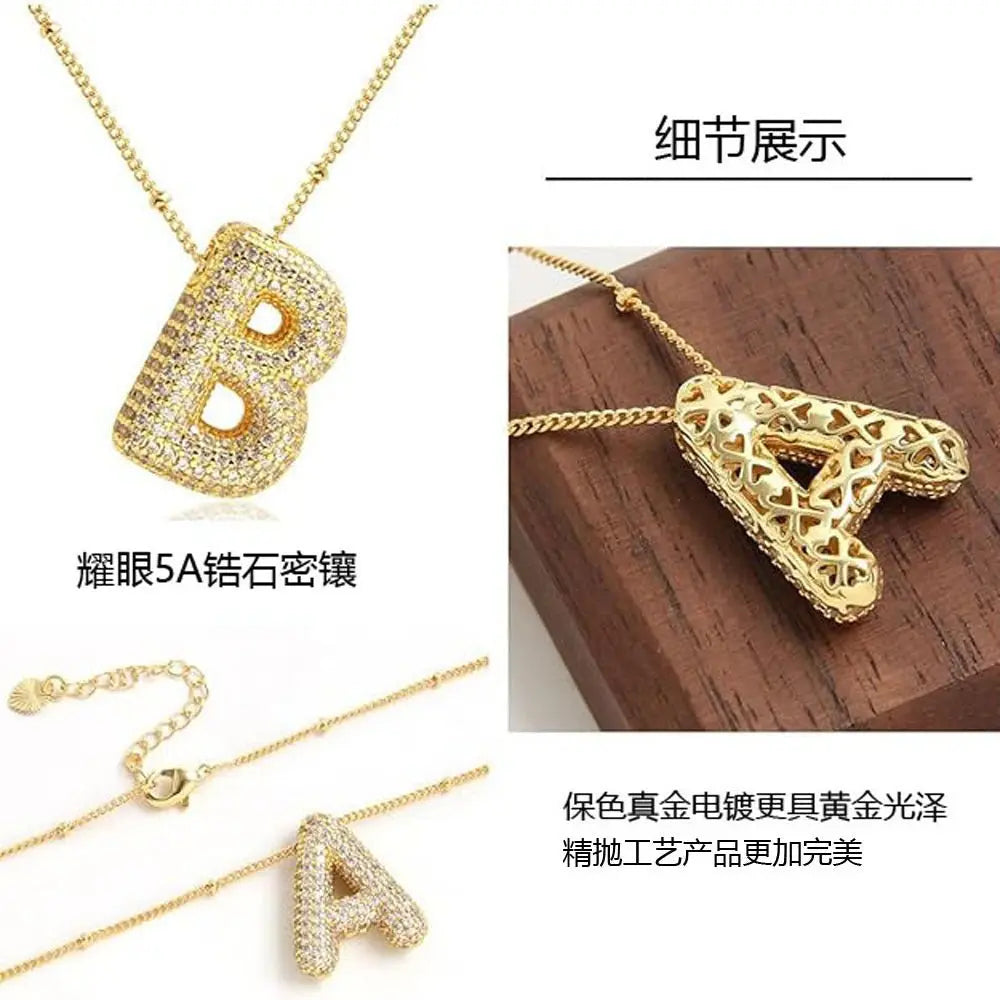Bubble Initial Necklace 14k Gold Plated Cubic Zirconia nowadaysfashion