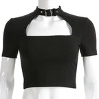 Buckle Halterneck Sexy Womens T Shirt Harajuku Long Sleeve Crop Top Streetwear Basic Tshirt nowadaysfashion