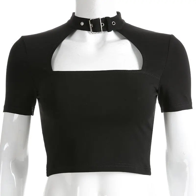 Buckle Halterneck Sexy Womens T Shirt Harajuku Long Sleeve Crop Top Streetwear Basic Tshirt - Blade & Thread