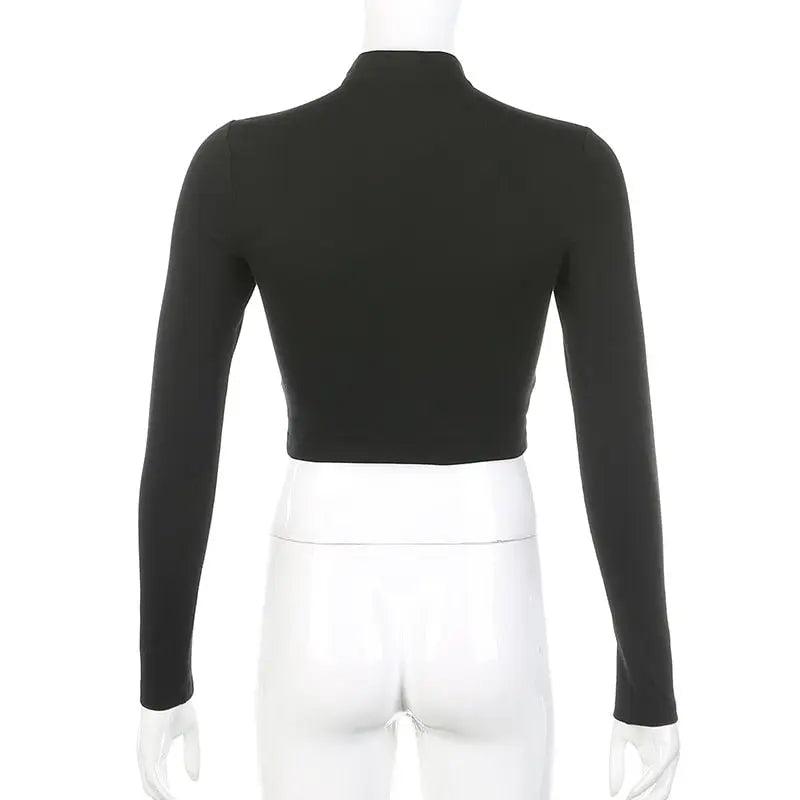 Buckle Halterneck Sexy Womens T Shirt Harajuku Long Sleeve Crop Top Streetwear Basic Tshirt nowadaysfashion