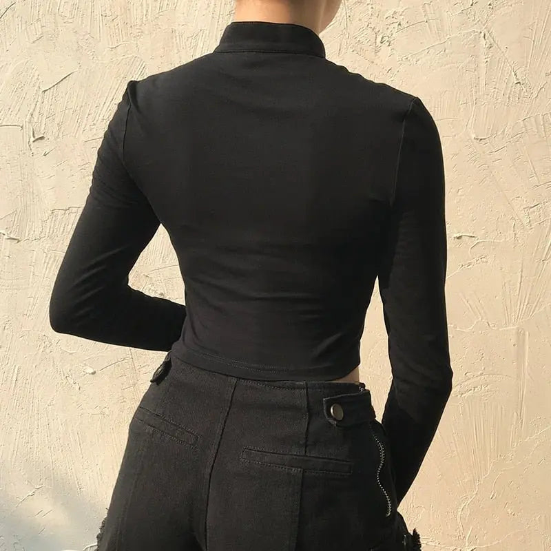 Buckle Halterneck Sexy Womens T Shirt Harajuku Long Sleeve Crop Top Streetwear Basic Tshirt - Blade & Thread