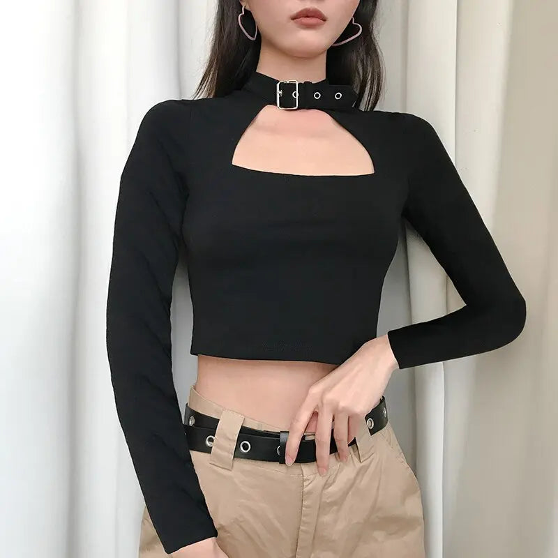 Buckle Halterneck Sexy Womens T Shirt Harajuku Long Sleeve Crop Top Streetwear Basic Tshirt - Blade & Thread
