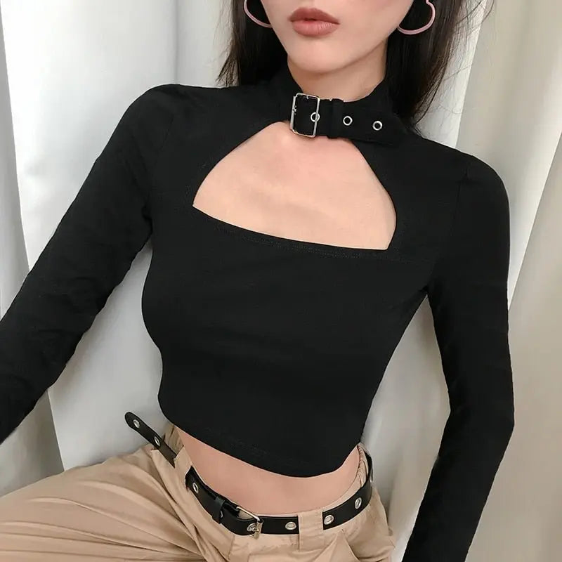 Buckle Halterneck Sexy Womens T Shirt Harajuku Long Sleeve Crop Top Streetwear Basic Tshirt - Blade & Thread
