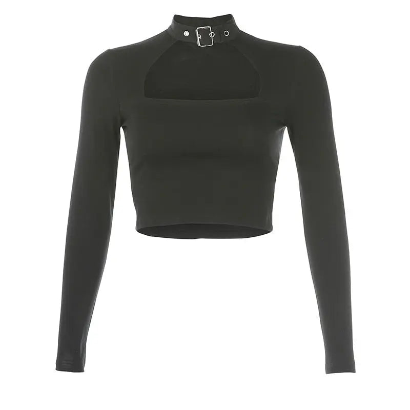 Buckle Halterneck Sexy Womens T Shirt Harajuku Long Sleeve Crop Top Streetwear Basic Tshirt - Blade & Thread