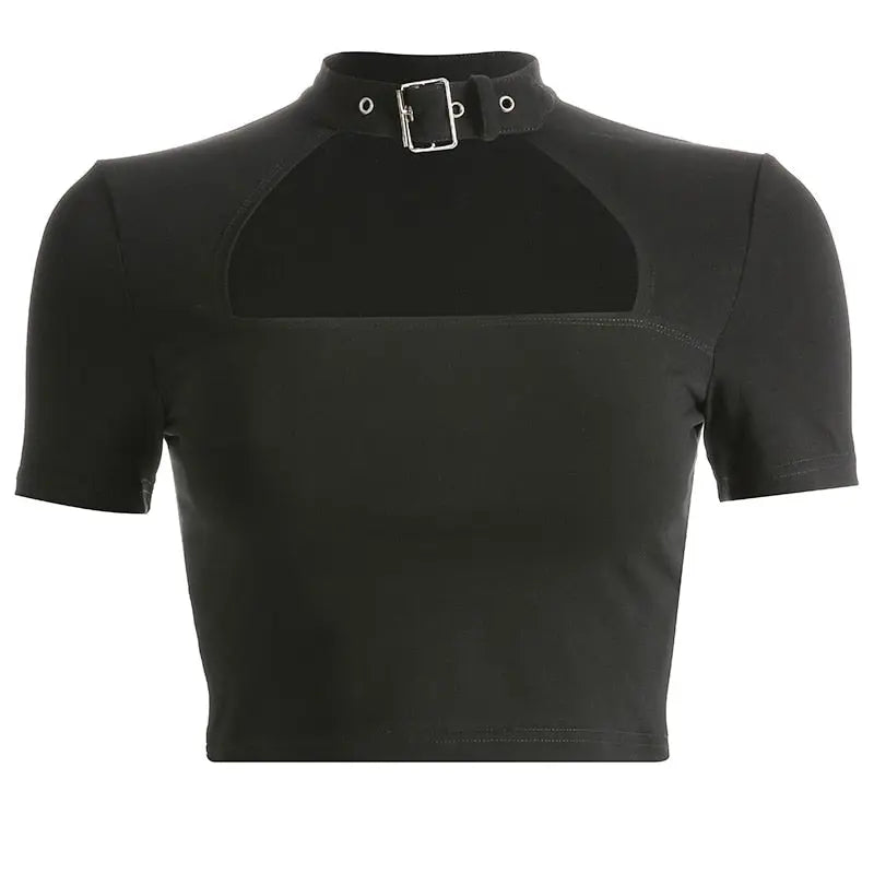 Buckle Halterneck Sexy Womens T Shirt Harajuku Long Sleeve Crop Top Streetwear Basic Tshirt - Blade & Thread