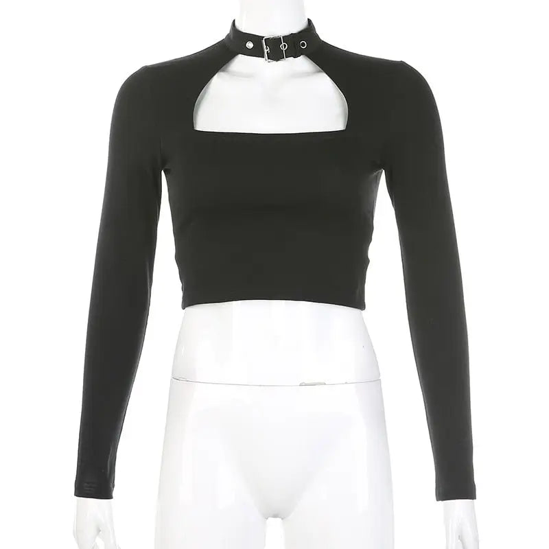 Buckle Halterneck Sexy Womens T Shirt Harajuku Long Sleeve Crop Top Streetwear Basic Tshirt nowadaysfashion