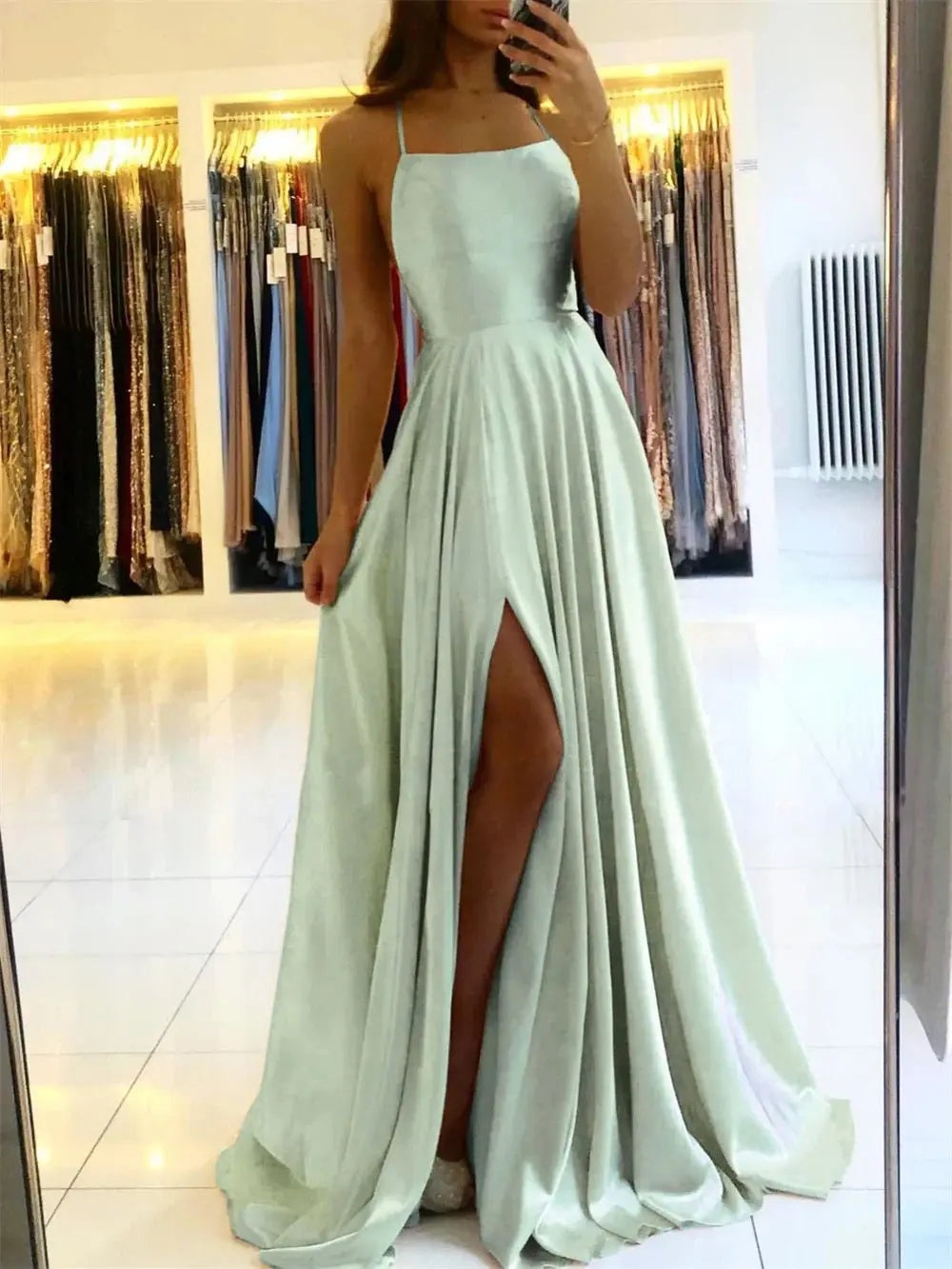 Burgundy Satin Beach Side Slit Adjustable Straps Evening Prom Dress - Blade & Thread