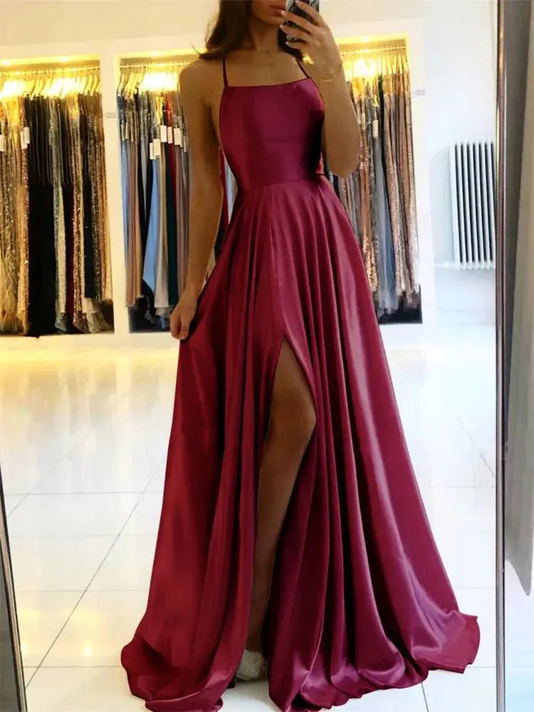 Burgundy Satin Beach Side Slit Adjustable Straps Evening Prom Dress - Blade & Thread