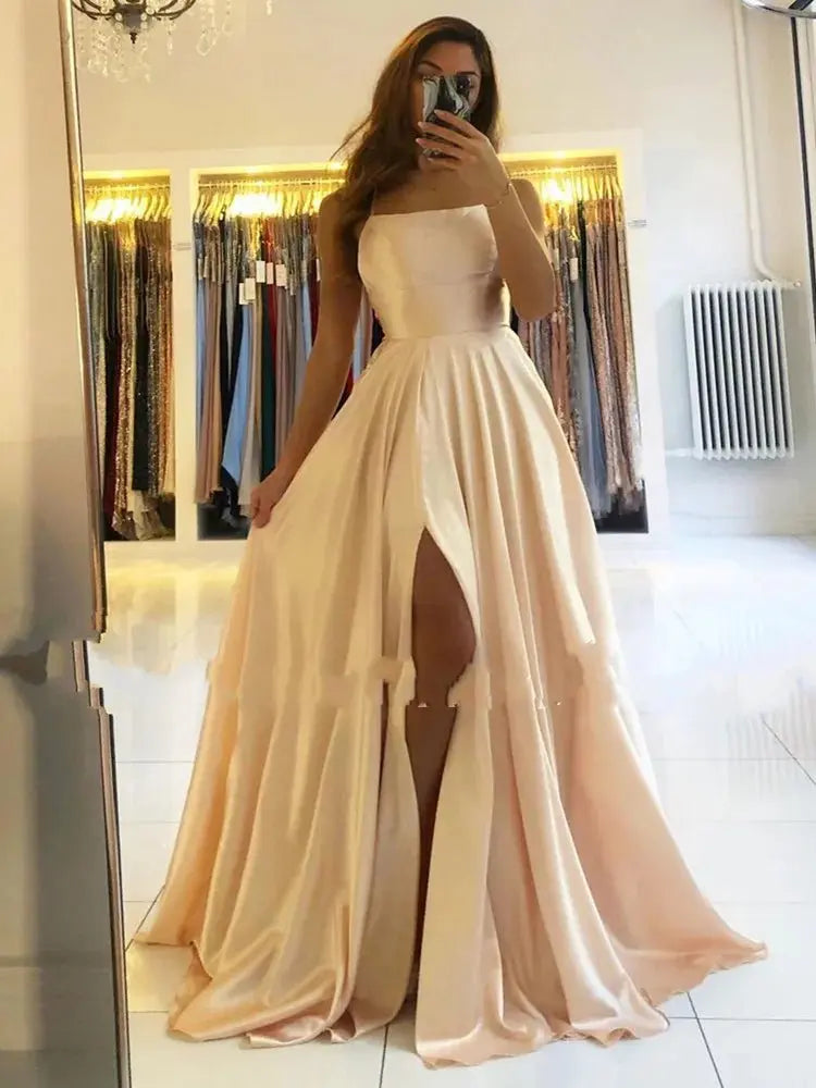 Burgundy Satin Beach Side Slit Adjustable Straps Evening Prom Dress - Blade & Thread