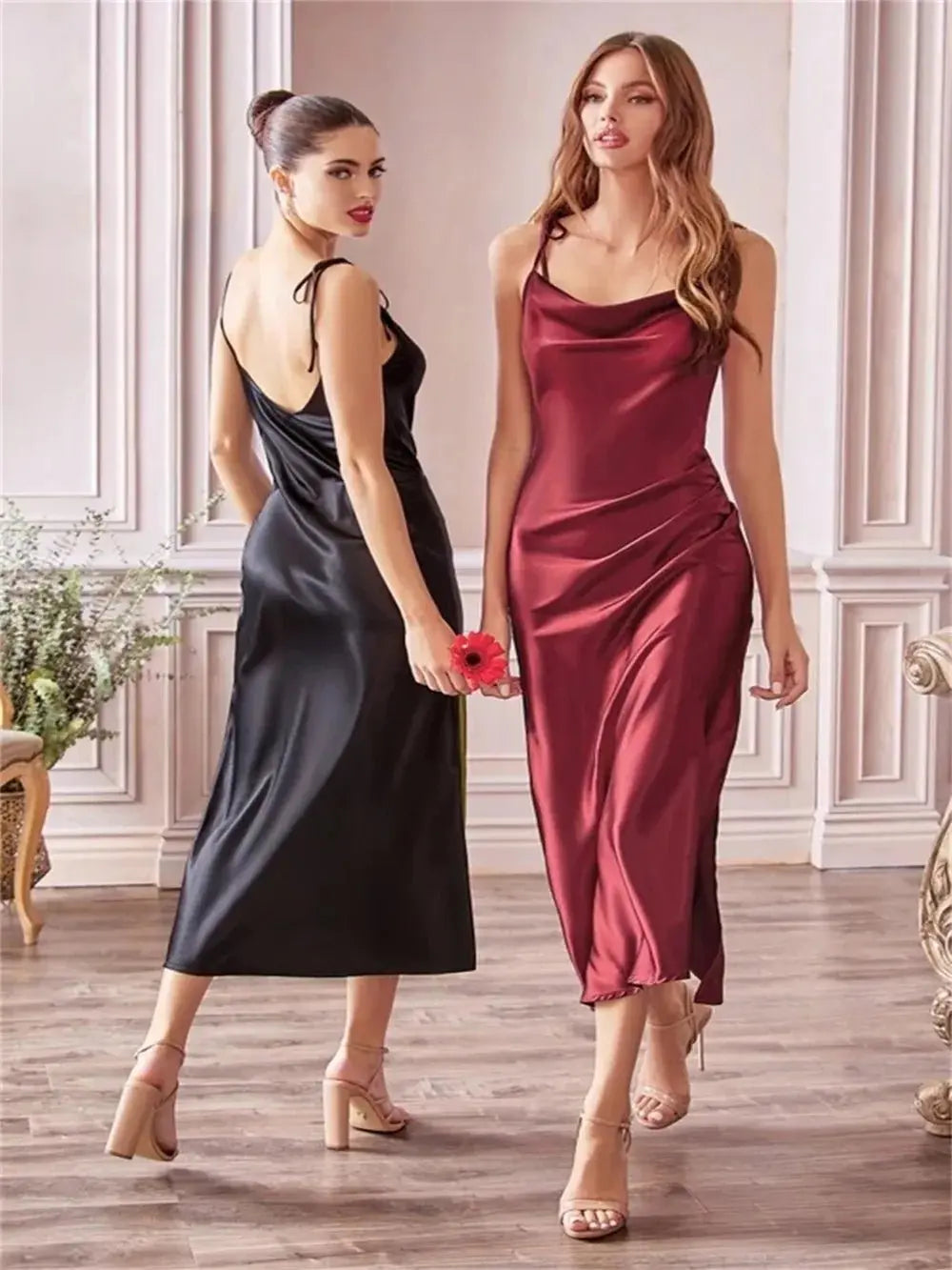Burgundy Satin Beach Side Slit Adjustable Straps Evening Prom Dress - Blade & Thread