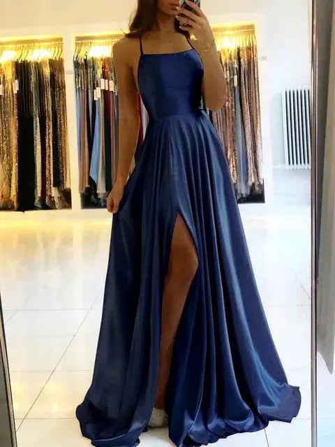 Burgundy Satin Beach Side Slit Adjustable Straps Evening Prom Dress - Blade & Thread