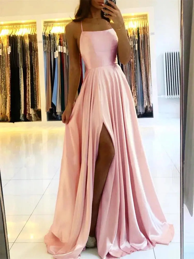Burgundy Satin Beach Side Slit Adjustable Straps Evening Prom Dress - Blade & Thread