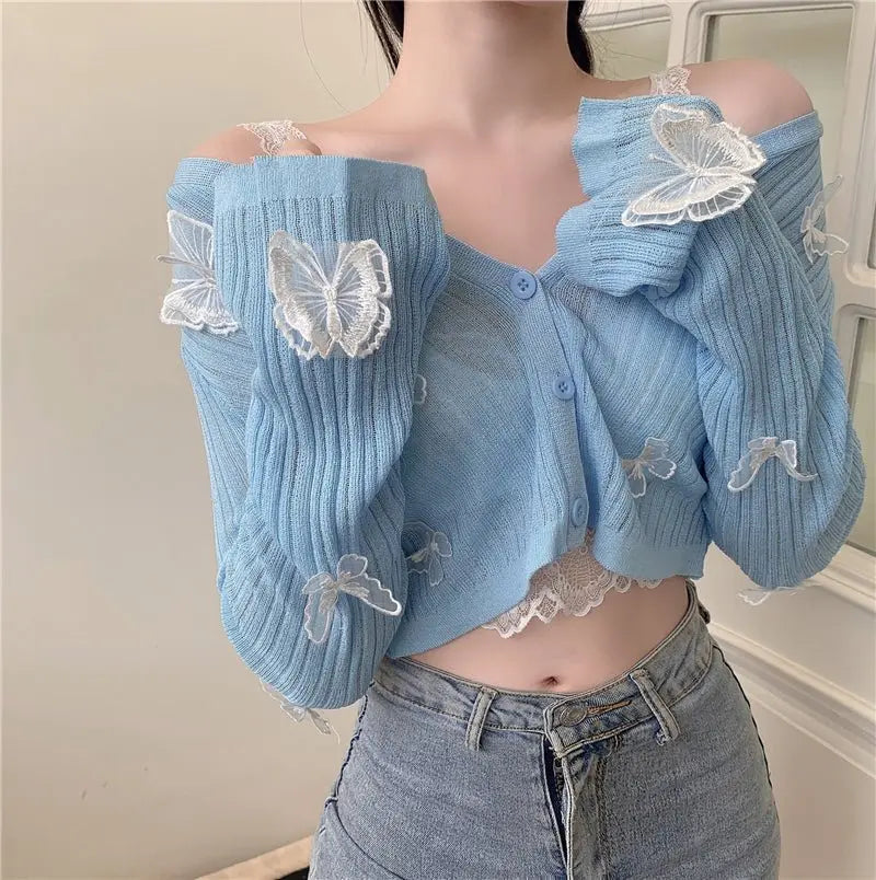 Butterfly Knit Cardigans Women V-Neck Crop Tops Ladies Summer Thin Long Sleeved - Blade & Thread