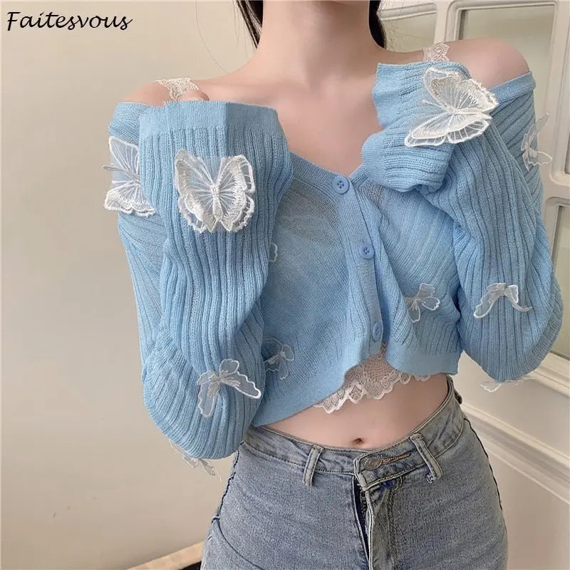 Butterfly Knit Cardigans Women V-Neck Crop Tops Ladies Summer Thin Long Sleeved - Blade & Thread