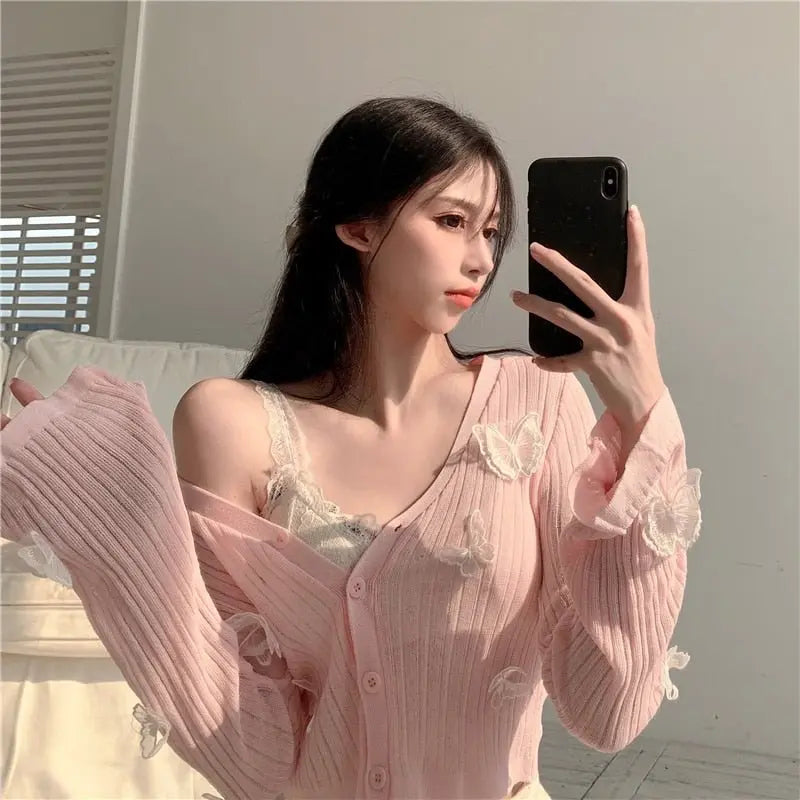 Butterfly Knit Cardigans Women V-Neck Crop Tops Ladies Summer Thin Long Sleeved - Blade & Thread