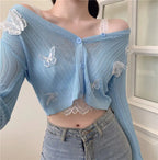 Butterfly Knit Cardigans Women V-Neck Crop Tops Ladies Summer Thin Long Sleeved nowadaysfashion