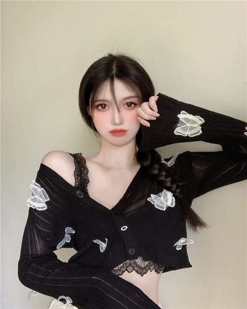 Butterfly Knit Cardigans Women V-Neck Crop Tops Ladies Summer Thin Long Sleeved nowadaysfashion