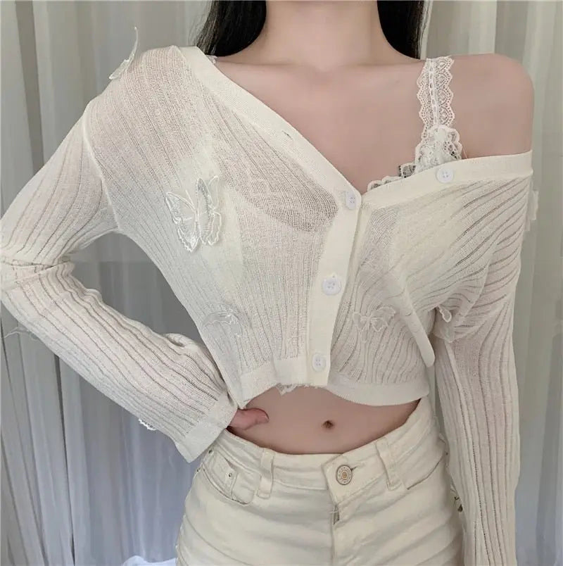 Butterfly Knit Cardigans Women V-Neck Crop Tops Ladies Summer Thin Long Sleeved - Blade & Thread
