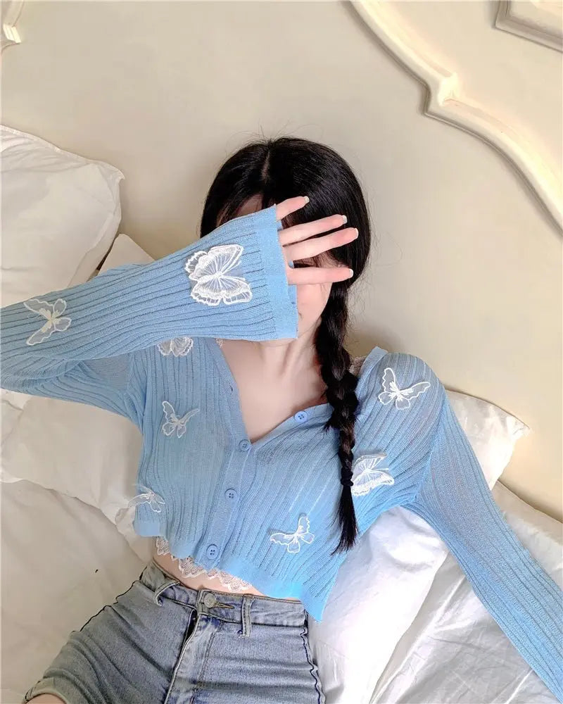 Butterfly Knit Cardigans Women V-Neck Crop Tops Ladies Summer Thin Long Sleeved - Blade & Thread