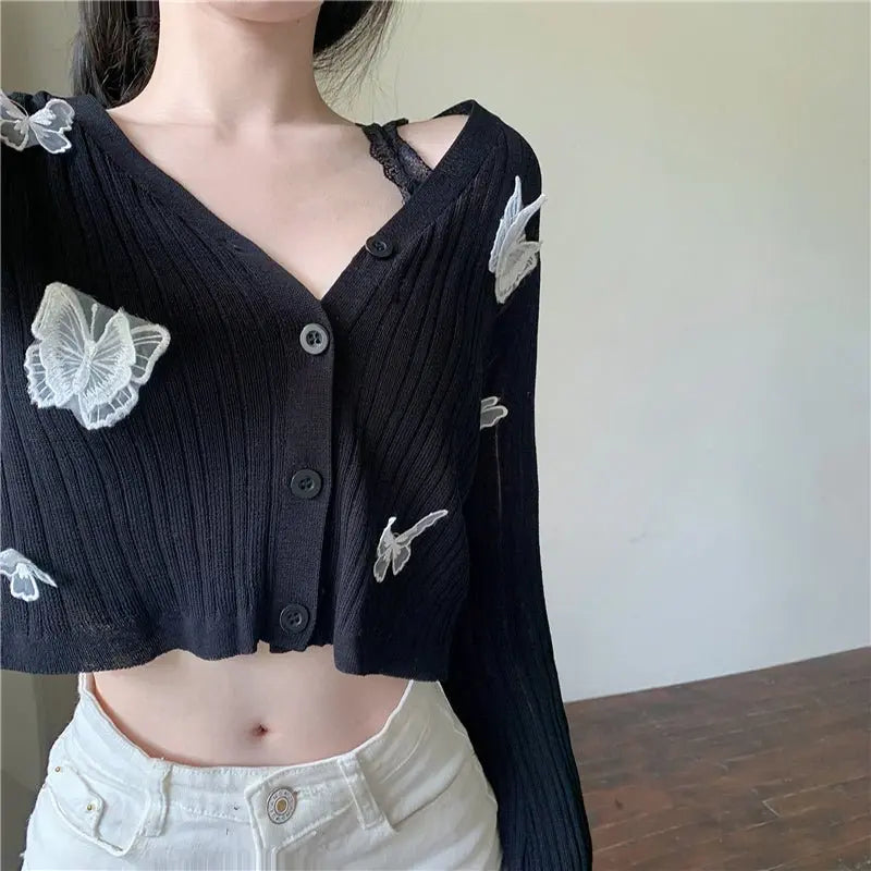 Butterfly Knit Cardigans Women V-Neck Crop Tops Ladies Summer Thin Long Sleeved - Blade & Thread