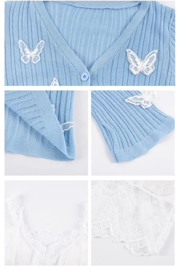 Butterfly Knit Cardigans Women V-Neck Crop Tops Ladies Summer Thin Long Sleeved - Blade & Thread