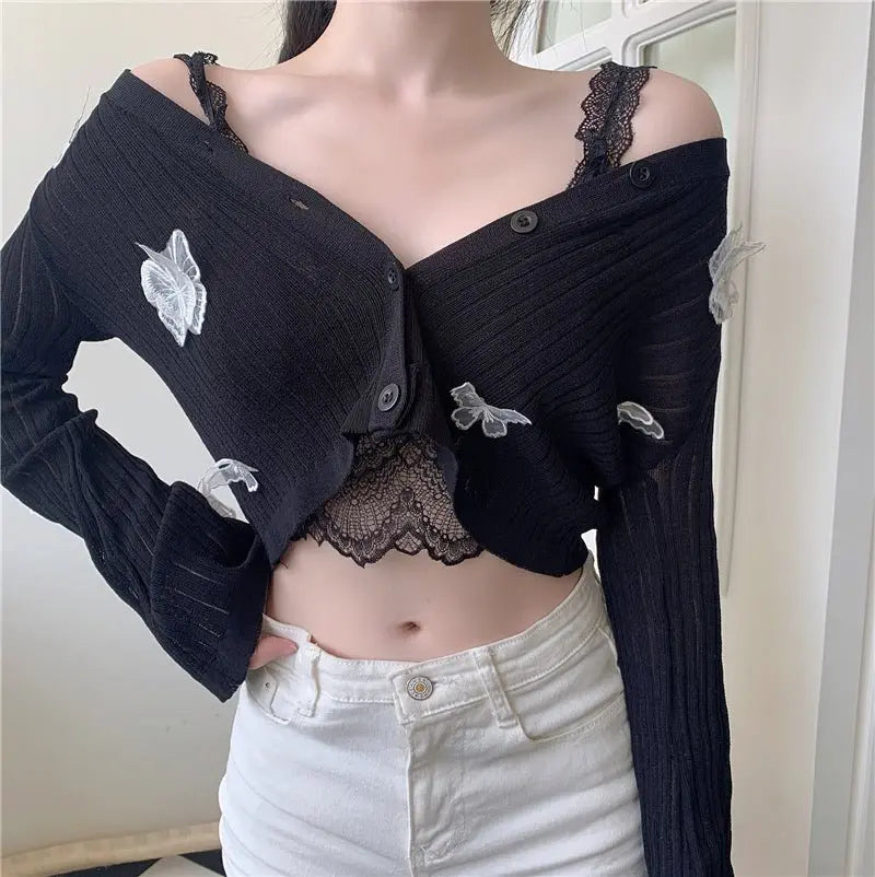 Butterfly Knit Cardigans Women V-Neck Crop Tops Ladies Summer Thin Long Sleeved - Blade & Thread