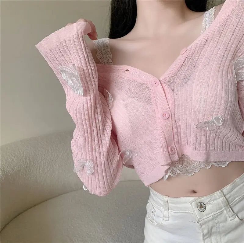 Butterfly Knit Cardigans Women V-Neck Crop Tops Ladies Summer Thin Long Sleeved - Blade & Thread