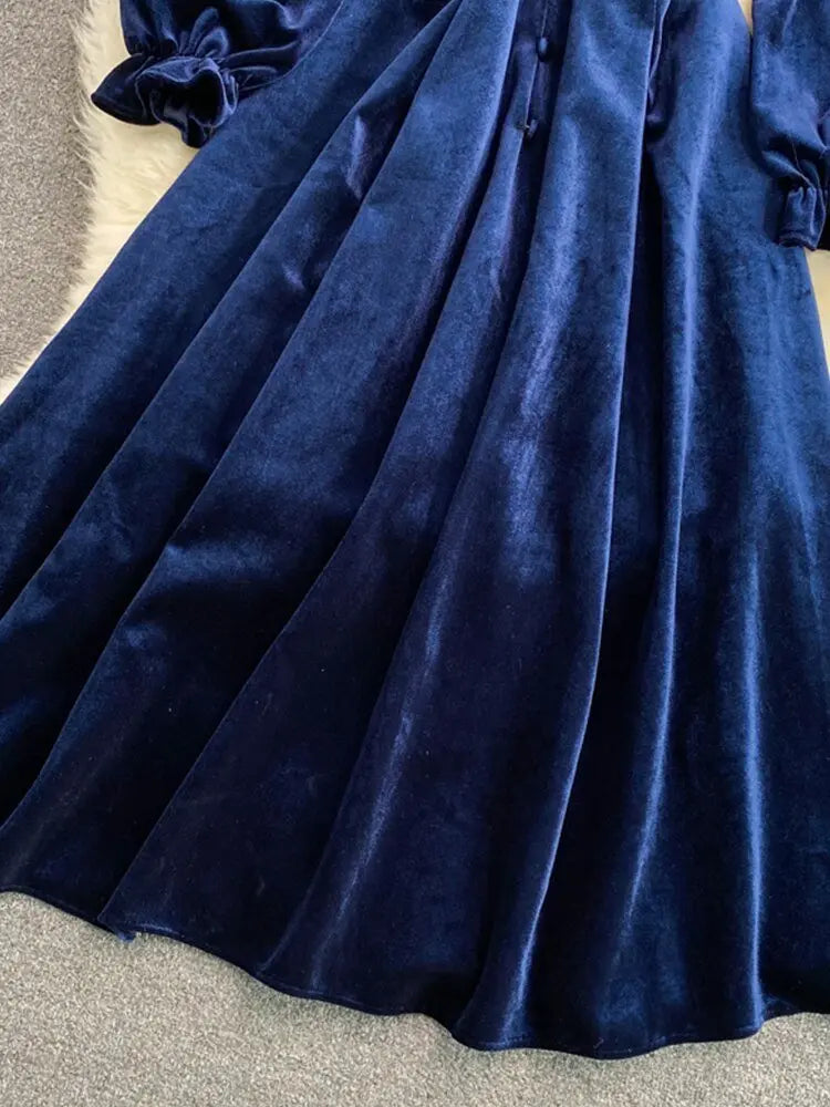 Button Full Dress A Line Stand Collar Chiffon Single Breasted Women Dresses - Blade & Thread