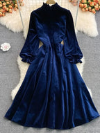 Button Full Dress A Line Stand Collar Chiffon Single Breasted Women Dresses nowadaysfashion