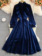 Button Full Dress A Line Stand Collar Chiffon Single Breasted Women Dresses nowadaysfashion