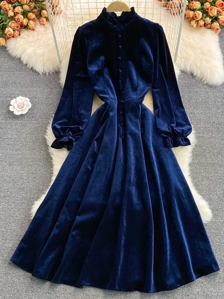Button Full Dress A Line Stand Collar Chiffon Single Breasted Women Dresses - Blade & Thread