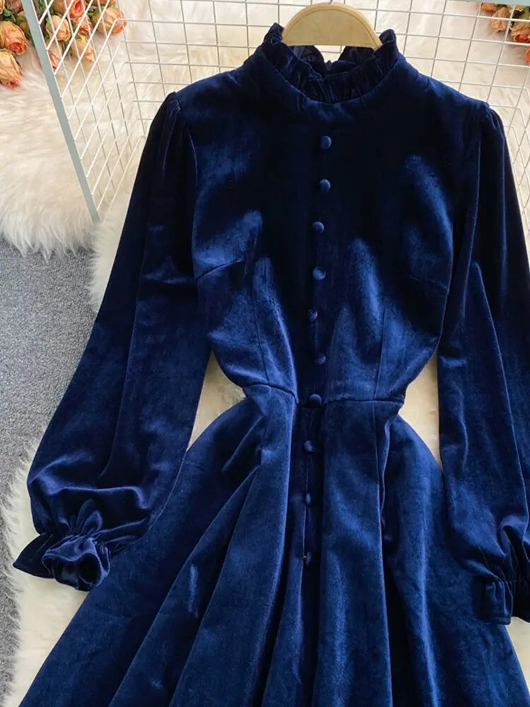 Button Full Dress A Line Stand Collar Chiffon Single Breasted Women Dresses nowadaysfashion
