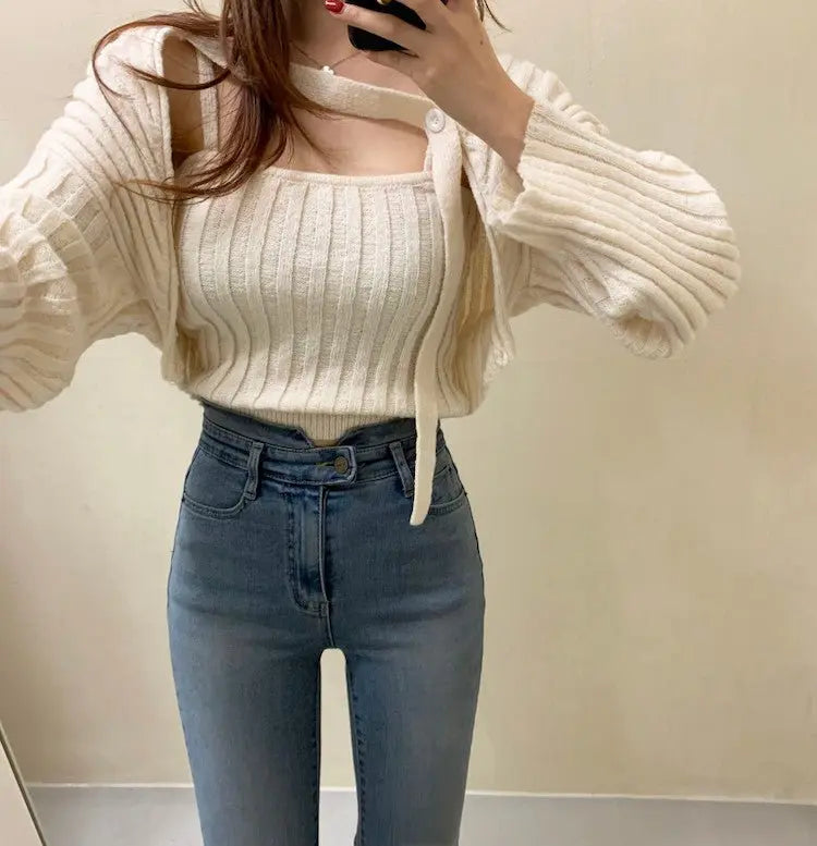 Camisole Knitted Cardigans Women Two Piece Sets 2021 Autumn Sweater Jacket Woman - Blade & Thread
