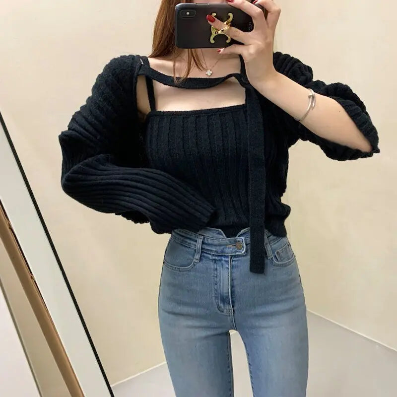 Camisole Knitted Cardigans Women Two Piece Sets 2021 Autumn Sweater Jacket Woman - Blade & Thread