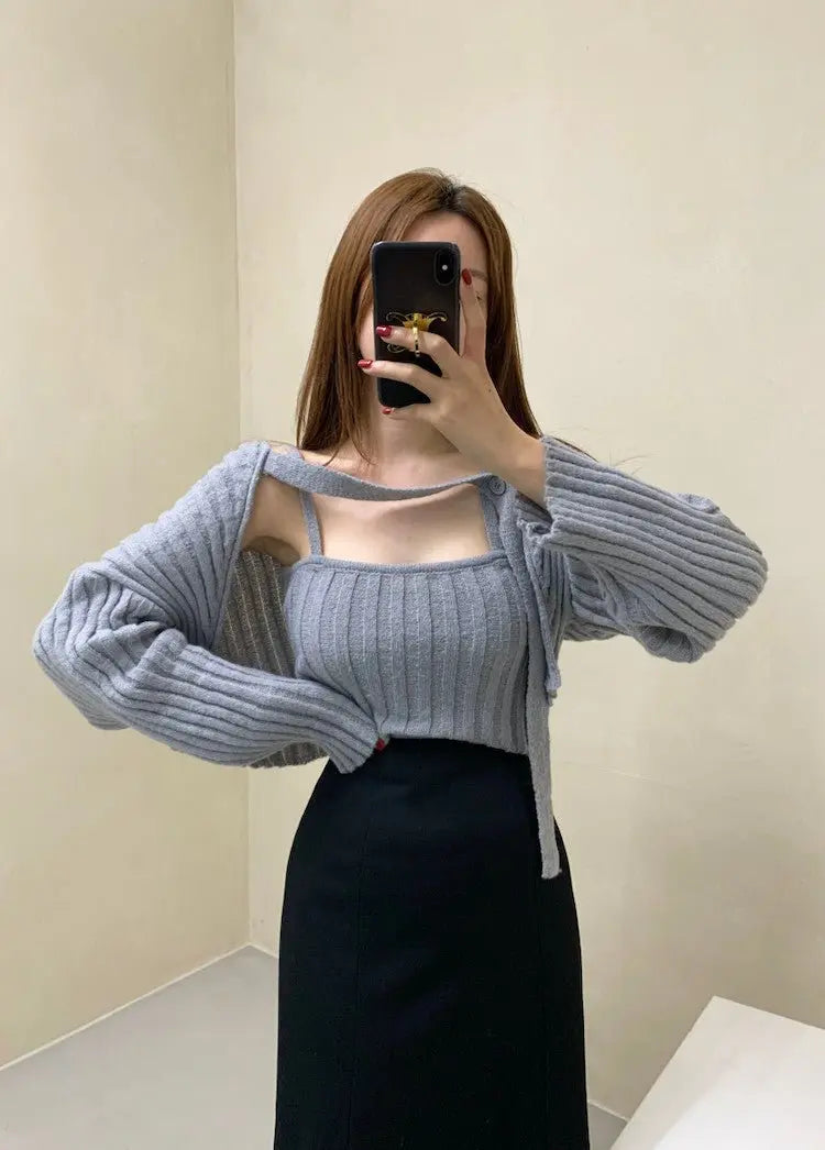 Camisole Knitted Cardigans Women Two Piece Sets 2021 Autumn Sweater Jacket Woman - Blade & Thread