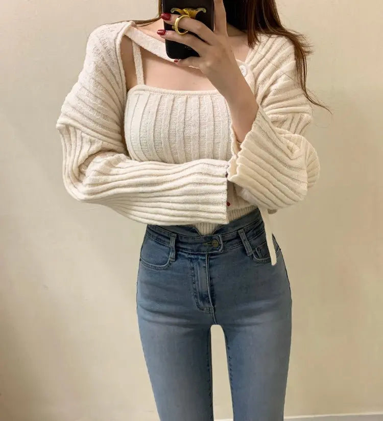 Camisole Knitted Cardigans Women Two Piece Sets 2021 Autumn Sweater Jacket Woman nowadaysfashion